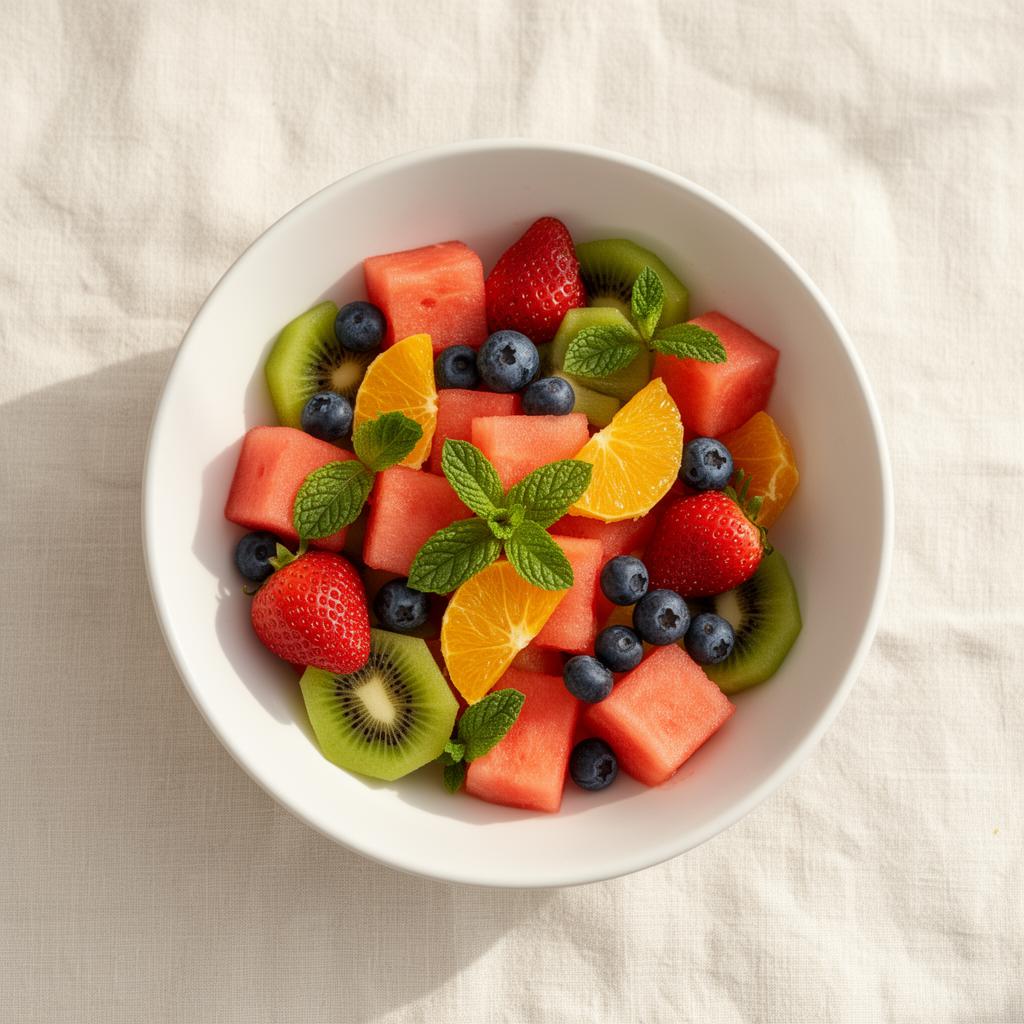 Fresh fruit salad bowl with strawberries, kiwi, watermelon and blueberries